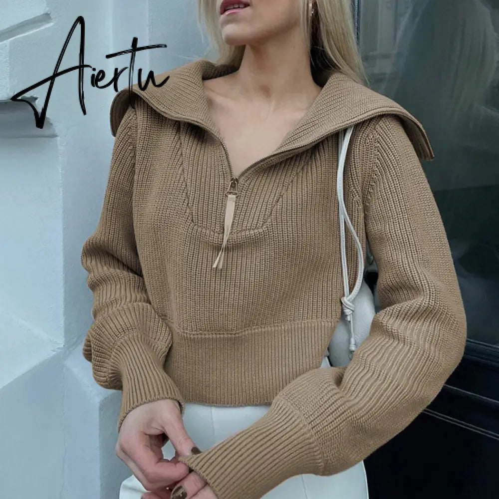 Winter Women's Turtleneck Sweaters Polo Collar With Zipper Knitted Pullover Female Loose Long Sleeve Top Warm Sweaters Aiertu