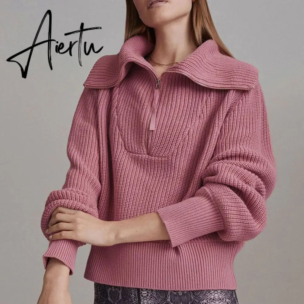 Winter Women's Turtleneck Sweaters Polo Collar With Zipper Knitted Pullover Female Loose Long Sleeve Top Warm Sweaters Aiertu