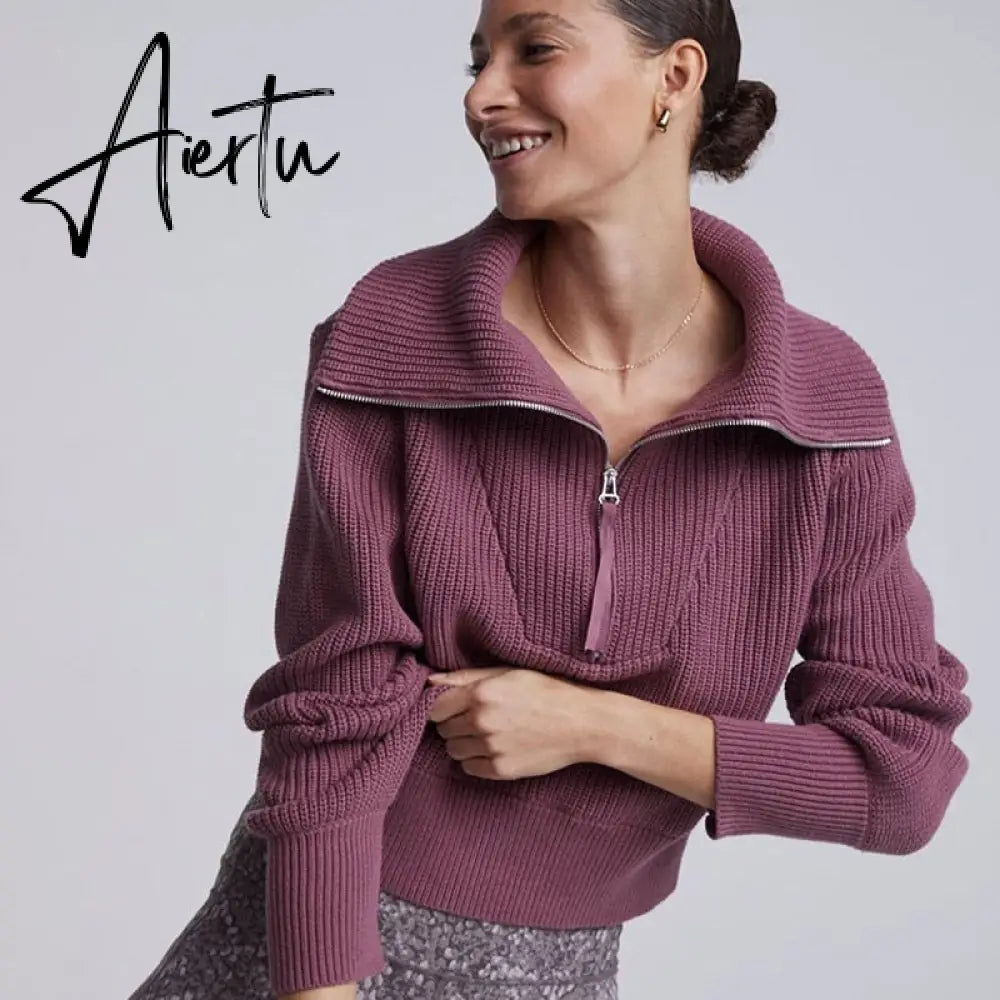 Winter Women's Turtleneck Sweaters Polo Collar With Zipper Knitted Pullover Female Loose Long Sleeve Top Warm Sweaters Aiertu