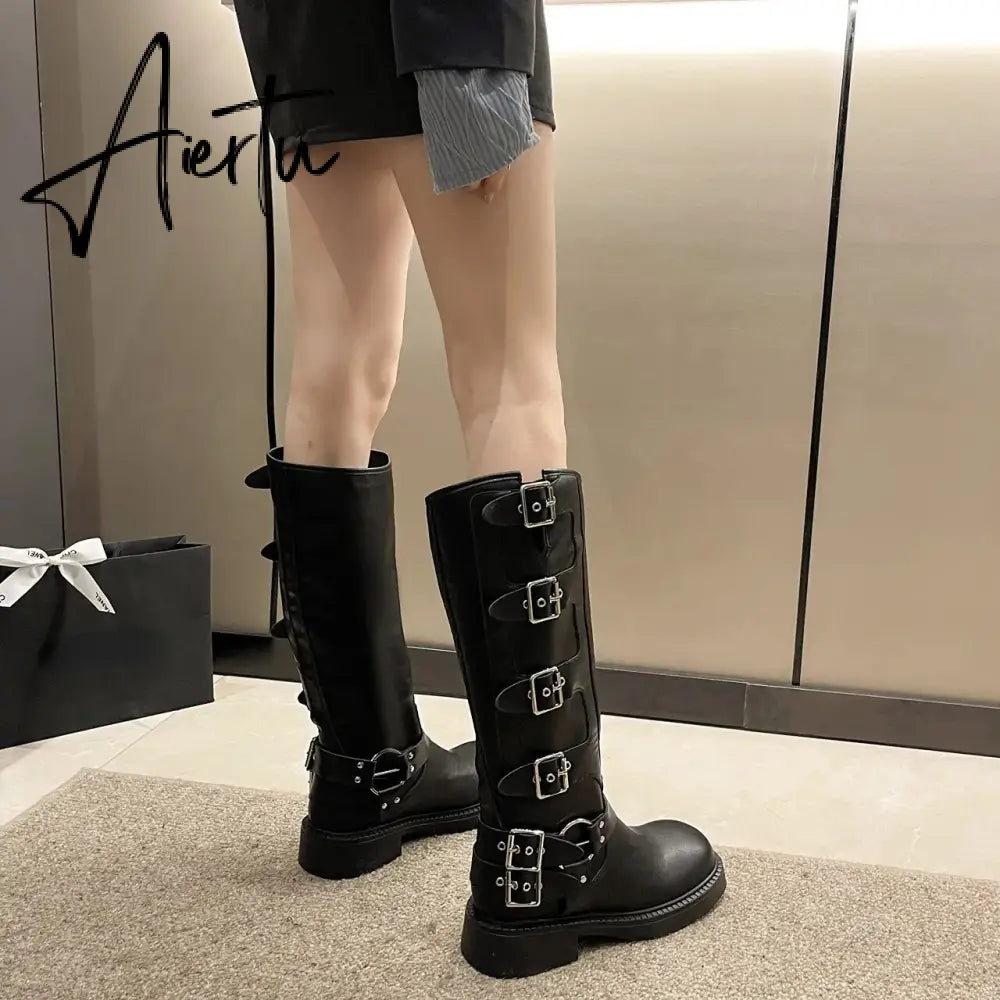 Woman Boots Knee High Platfrom Studded Spring Summer Knight Combat Gothic Elegant Medium Heel Women's Shoes Motorcycle Footwear Aiertu