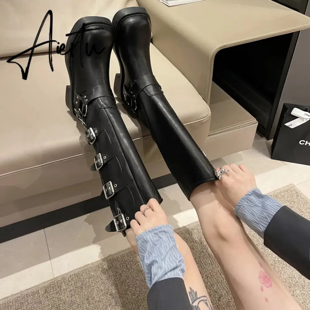 Woman Boots Knee High Platfrom Studded Spring Summer Knight Combat Gothic Elegant Medium Heel Women's Shoes Motorcycle Footwear Aiertu