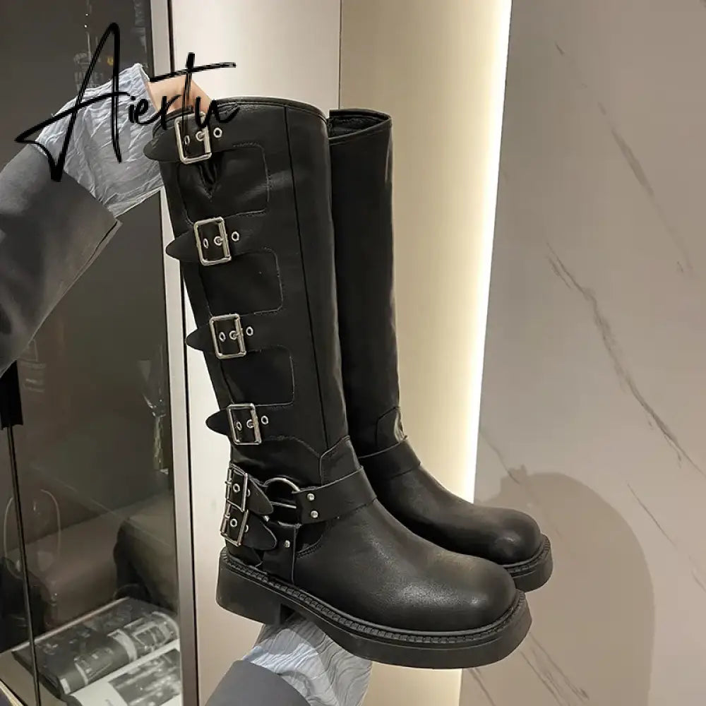 Woman Boots Knee High Platfrom Studded Spring Summer Knight Combat Gothic Elegant Medium Heel Women's Shoes Motorcycle Footwear Aiertu