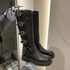 Woman Boots Knee High Platfrom Studded Spring Summer Knight Combat Gothic Elegant Medium Heel Women's Shoes Motorcycle Footwear Aiertu