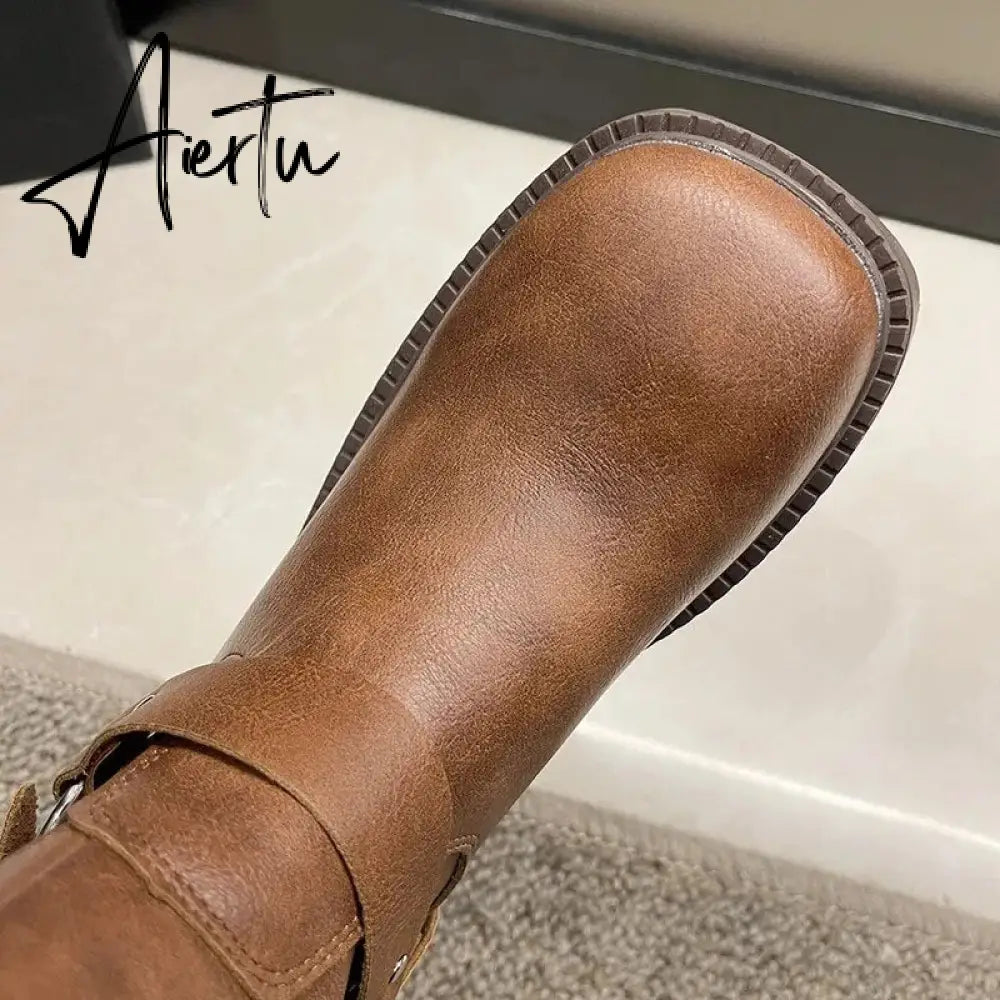Woman Boots Knee High Platfrom Studded Spring Summer Knight Combat Gothic Elegant Medium Heel Women's Shoes Motorcycle Footwear Aiertu
