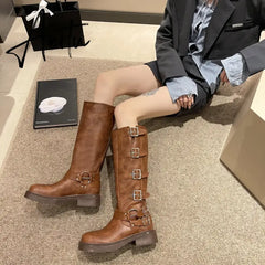 Woman Boots Knee High Platfrom Studded Spring Summer Knight Combat Gothic Elegant Medium Heel Women's Shoes Motorcycle Footwear Aiertu
