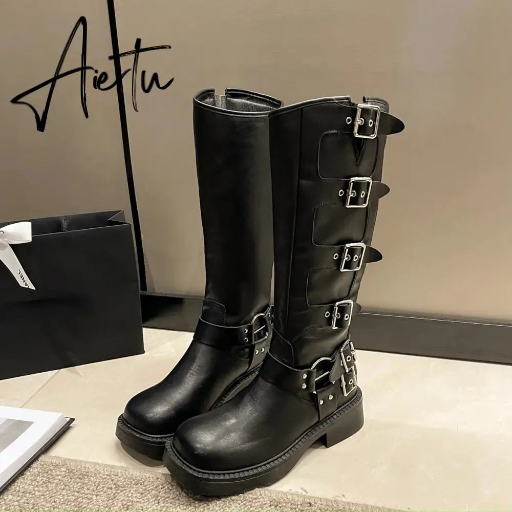 Woman Boots Knee High Platfrom Studded Spring Summer Knight Combat Gothic Elegant Medium Heel Women's Shoes Motorcycle Footwear Aiertu