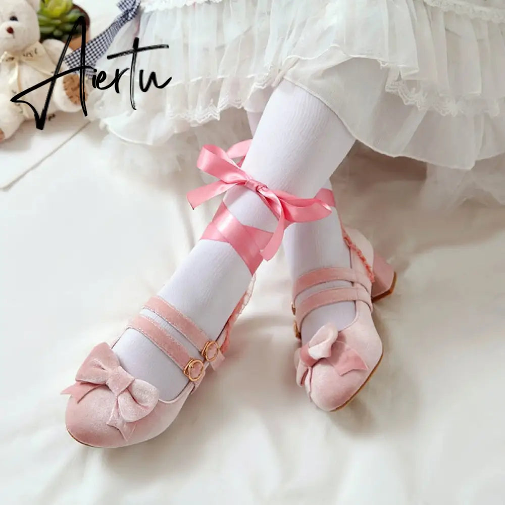 Woman's Med Heel Lolita Shoes Flock PU Leather Cute Bow Mary Jane Pumps Bride Wedding Cosplay Party Red Pink Black Size 34-43 Aiertu