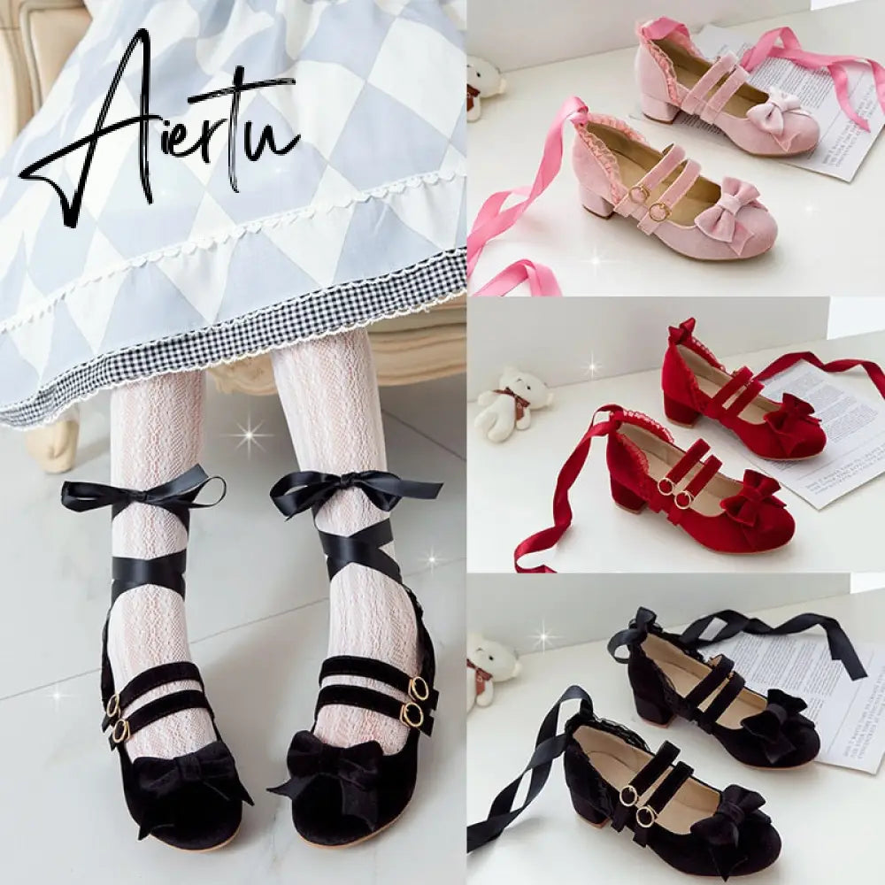 Woman's Med Heel Lolita Shoes Flock PU Leather Cute Bow Mary Jane Pumps Bride Wedding Cosplay Party Red Pink Black Size 34-43 Aiertu