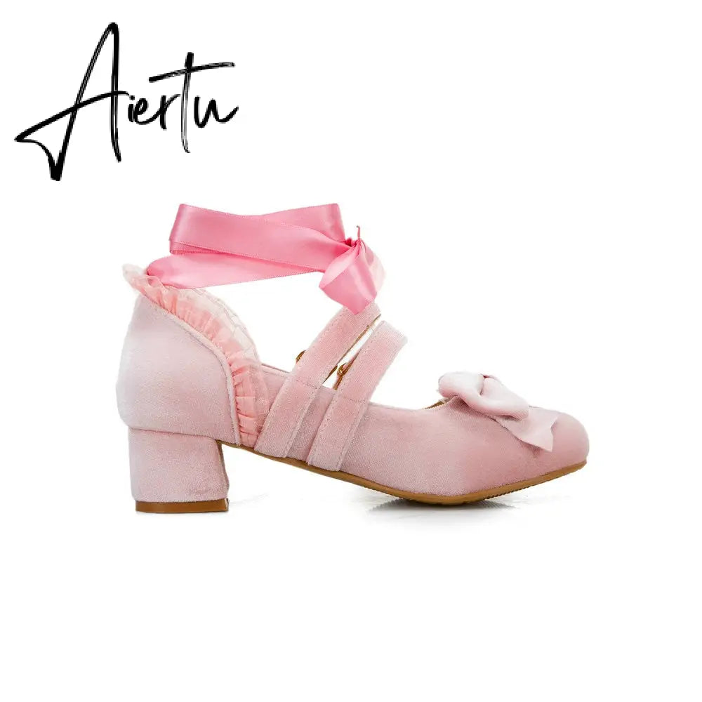 Woman's Med Heel Lolita Shoes Flock PU Leather Cute Bow Mary Jane Pumps Bride Wedding Cosplay Party Red Pink Black Size 34-43 Aiertu