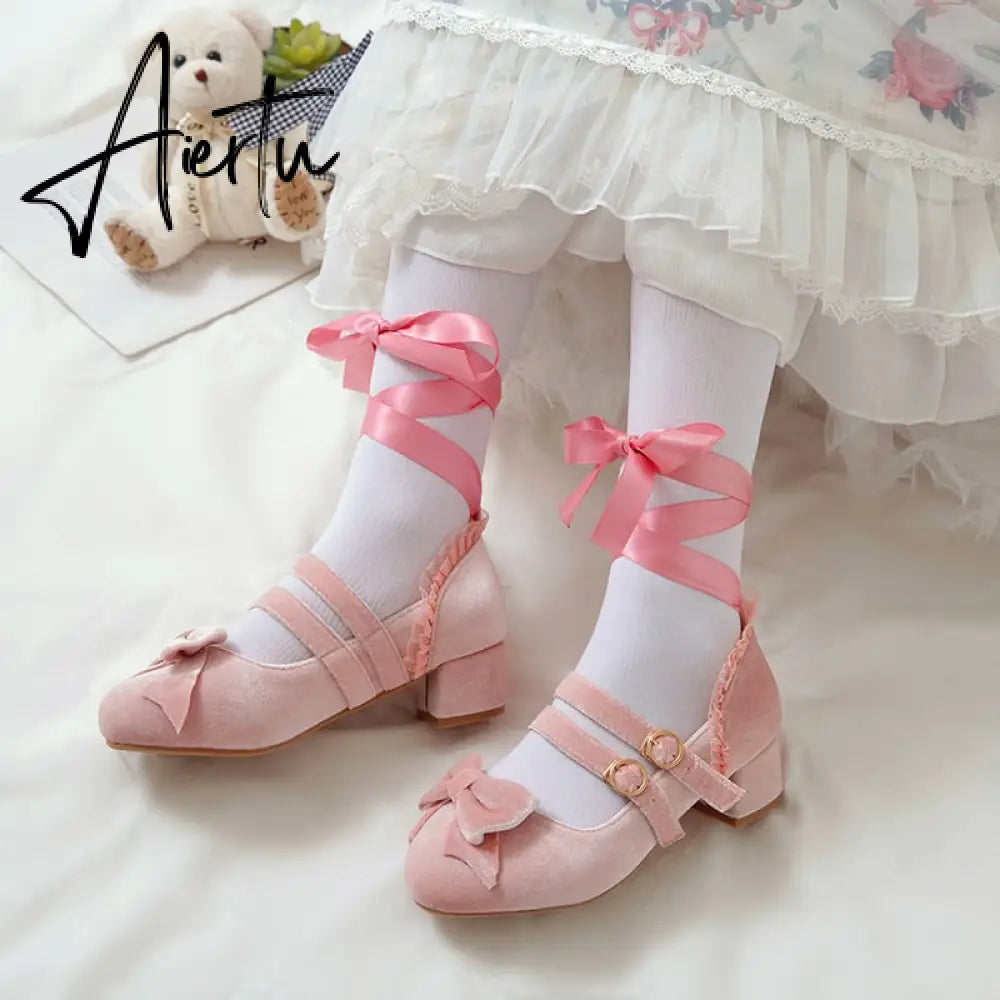 Woman's Med Heel Lolita Shoes Flock PU Leather Cute Bow Mary Jane Pumps Bride Wedding Cosplay Party Red Pink Black Size 34-43 Aiertu