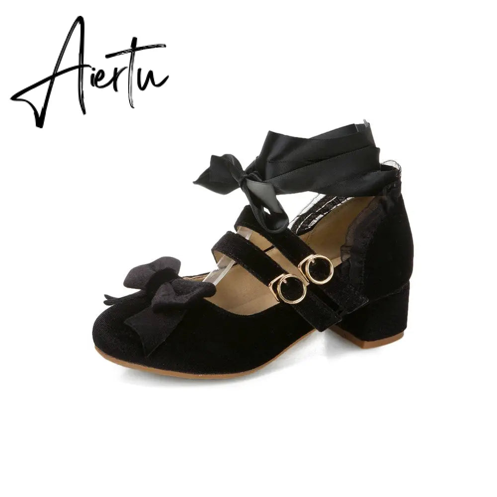 Woman's Med Heel Lolita Shoes Flock PU Leather Cute Bow Mary Jane Pumps Bride Wedding Cosplay Party Red Pink Black Size 34-43 Aiertu