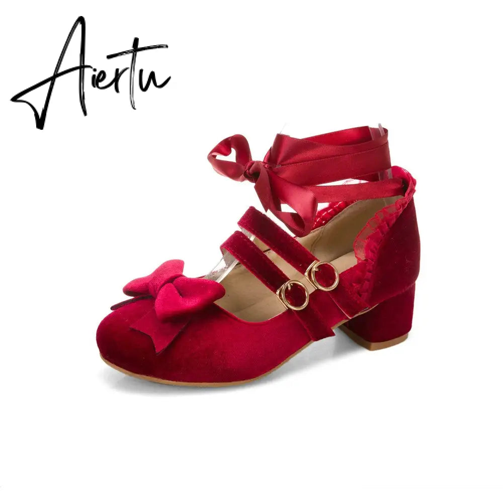 Woman's Med Heel Lolita Shoes Flock PU Leather Cute Bow Mary Jane Pumps Bride Wedding Cosplay Party Red Pink Black Size 34-43 Aiertu