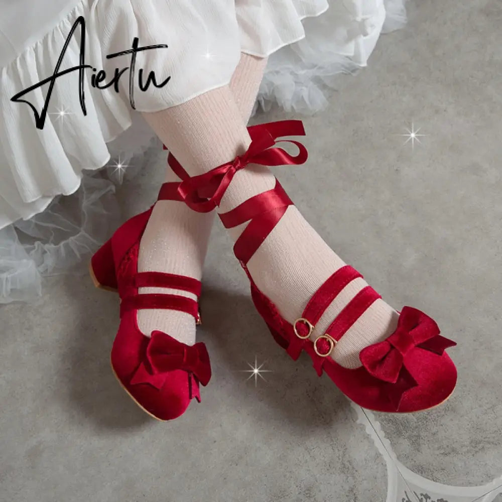 Woman's Med Heel Lolita Shoes Flock PU Leather Cute Bow Mary Jane Pumps Bride Wedding Cosplay Party Red Pink Black Size 34-43 Aiertu