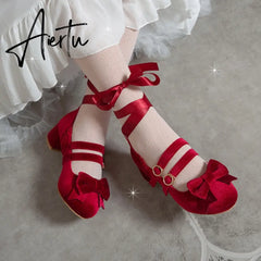 Woman's Med Heel Lolita Shoes Flock PU Leather Cute Bow Mary Jane Pumps Bride Wedding Cosplay Party Red Pink Black Size 34-43 Aiertu