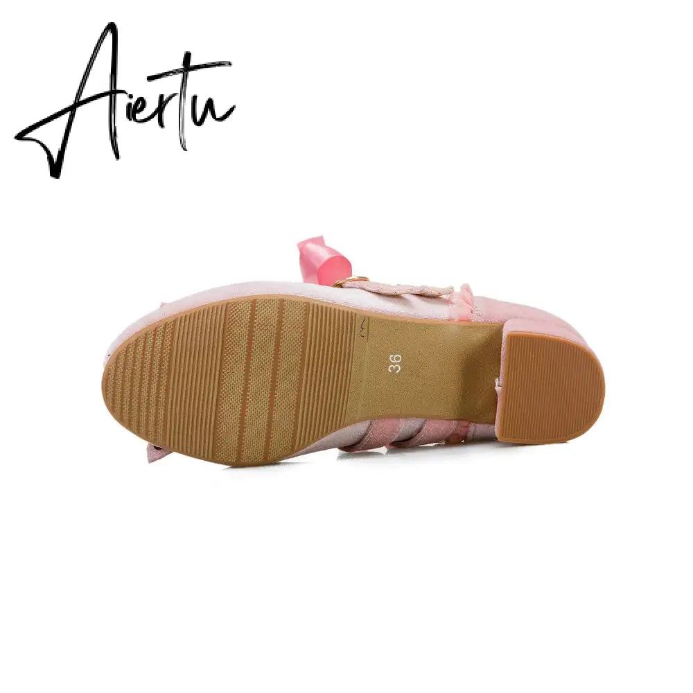 Woman's Med Heel Lolita Shoes Flock PU Leather Cute Bow Mary Jane Pumps Bride Wedding Cosplay Party Red Pink Black Size 34-43 Aiertu