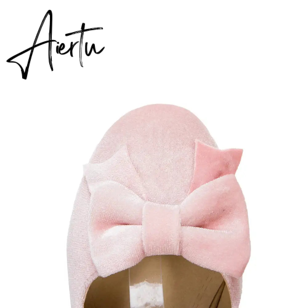 Woman's Med Heel Lolita Shoes Flock PU Leather Cute Bow Mary Jane Pumps Bride Wedding Cosplay Party Red Pink Black Size 34-43 Aiertu