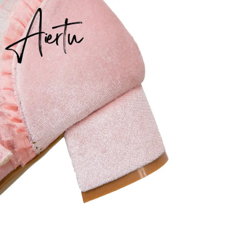 Woman's Med Heel Lolita Shoes Flock PU Leather Cute Bow Mary Jane Pumps Bride Wedding Cosplay Party Red Pink Black Size 34-43 Aiertu