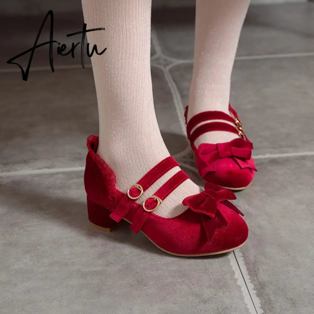 Woman's Med Heel Lolita Shoes Flock PU Leather Cute Bow Mary Jane Pumps Bride Wedding Cosplay Party Red Pink Black Size 34-43 Aiertu