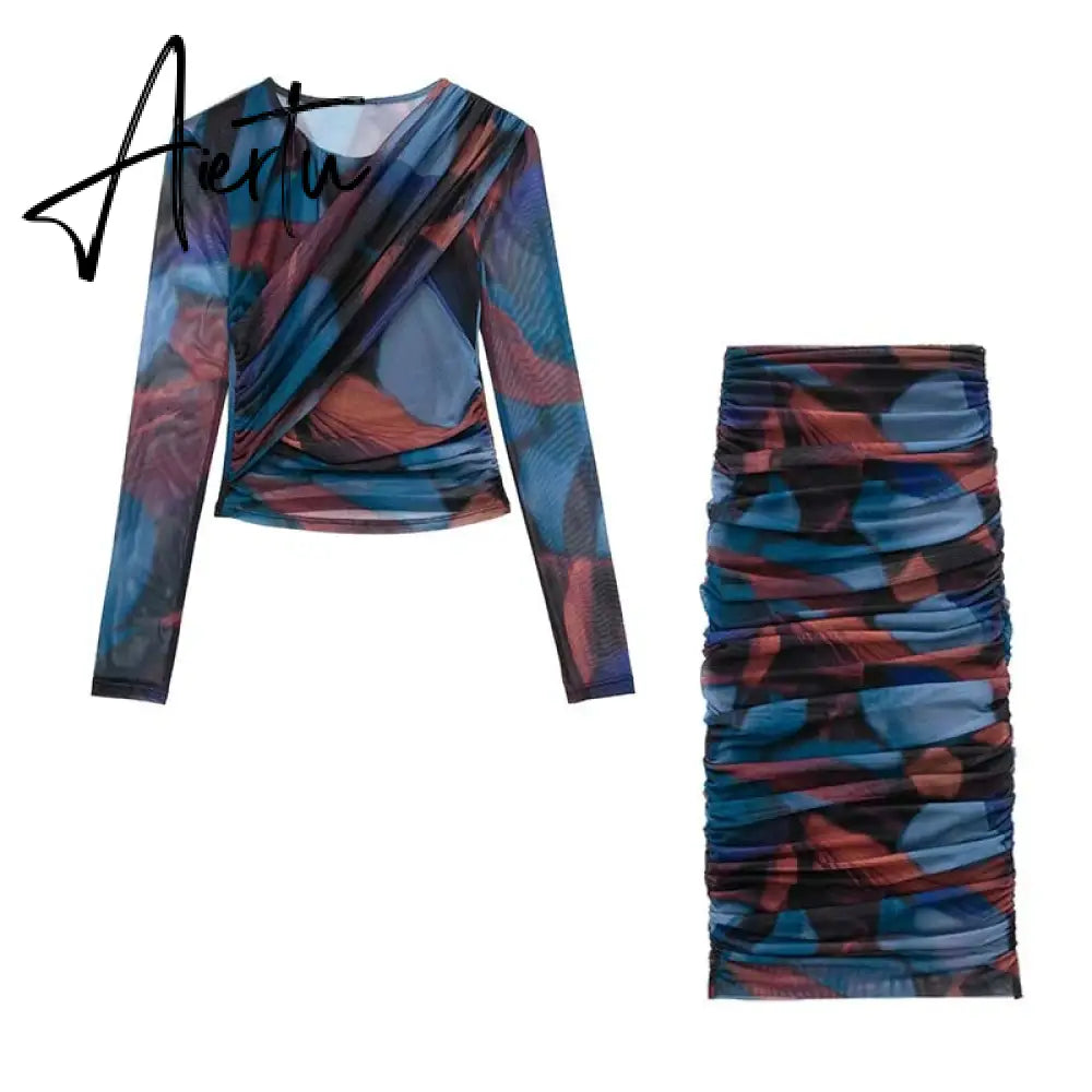 Women 2 Pieces Sets Fashion Silk Net Print Blouse Tops + High Waist Pleat Midi Skirt Set Womens Outfits Aiertu