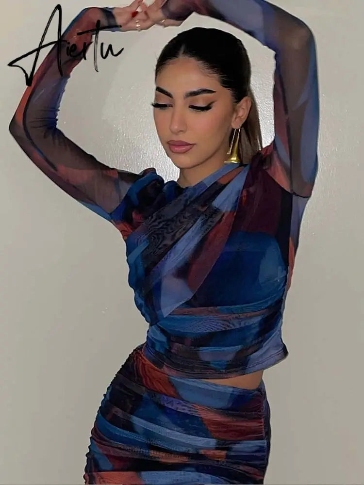 Women 2 Pieces Sets Fashion Silk Net Print Blouse Tops + High Waist Pleat Midi Skirt Set Womens Outfits Aiertu
