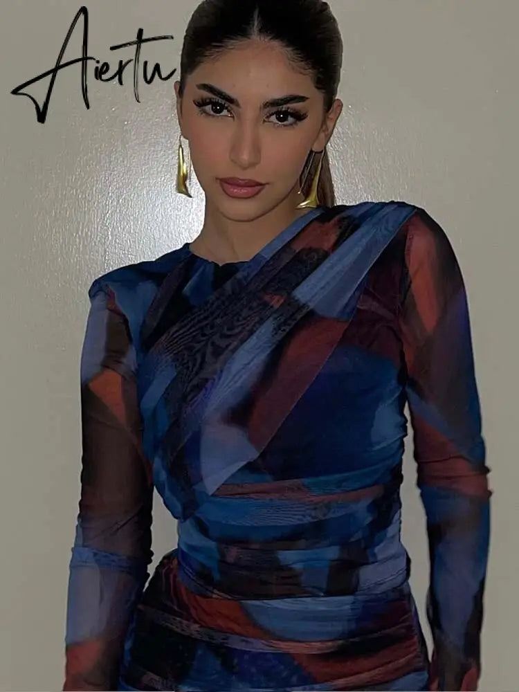 Women 2 Pieces Sets Fashion Silk Net Print Blouse Tops + High Waist Pleat Midi Skirt Set Womens Outfits Aiertu