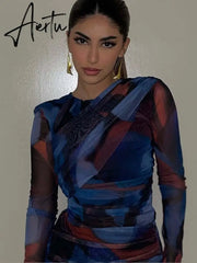 Women 2 Pieces Sets Fashion Silk Net Print Blouse Tops + High Waist Pleat Midi Skirt Set Womens Outfits Aiertu
