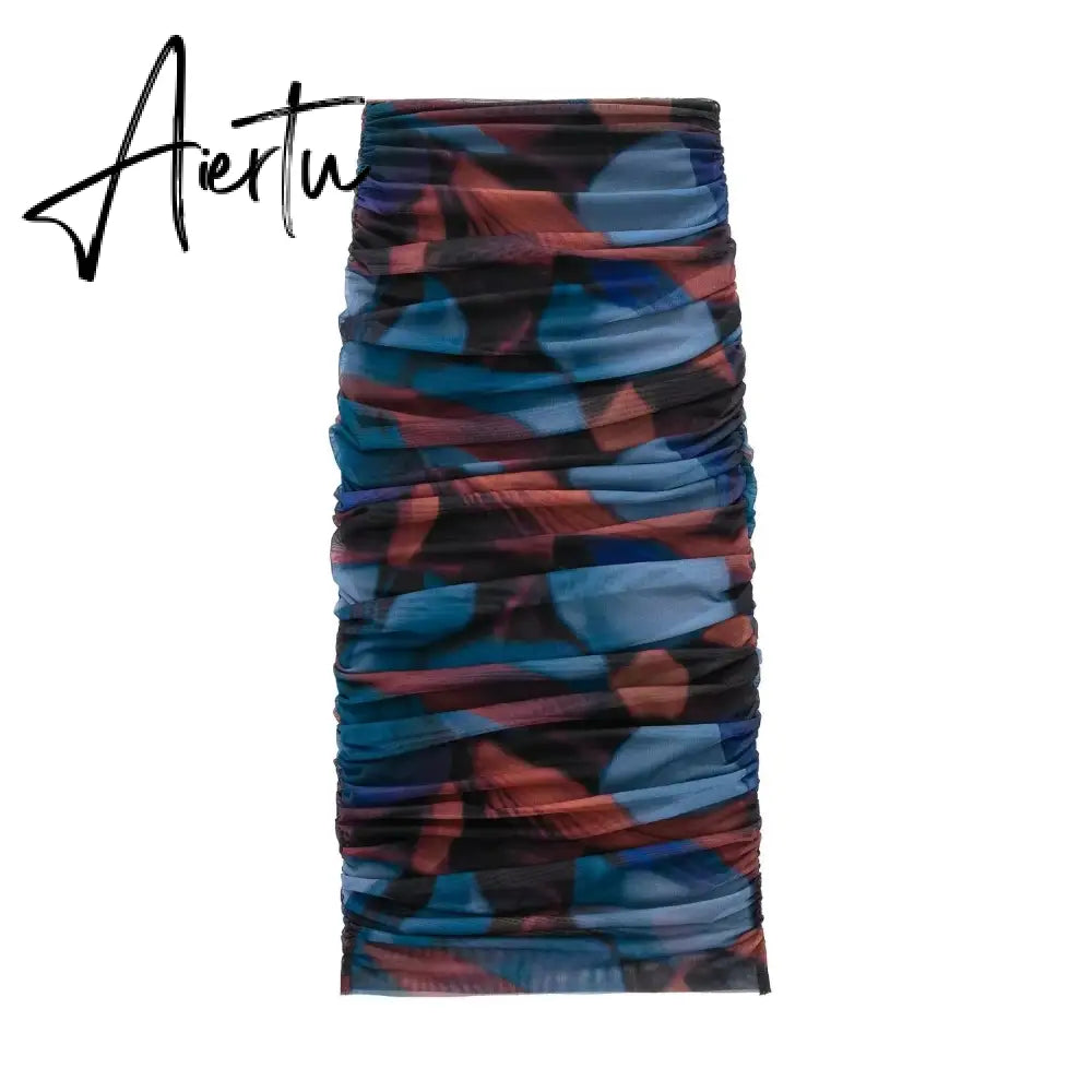 Women 2 Pieces Sets Fashion Silk Net Print Blouse Tops + High Waist Pleat Midi Skirt Set Womens Outfits Aiertu