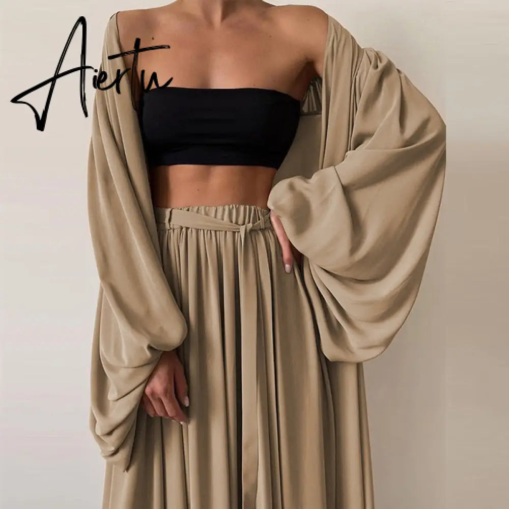 Women 3 Piece Sets Homewear Fashion Casual Lantern Sleeve Cardigan Tops+Wide Leg Pants Suits Lady Spring Soft Three Piece Outfit Aiertu