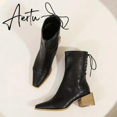 Women ankle boots plus size 22-28cm length autumn and winter warm plush zipper square heel Stone pattern + herringbone pattern Aiertu