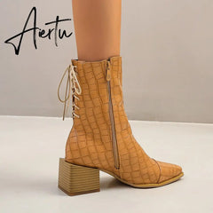 Women ankle boots plus size 22-28cm length autumn and winter warm plush zipper square heel Stone pattern + herringbone pattern Aiertu