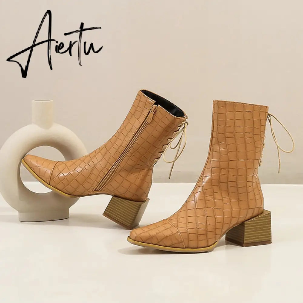 Women ankle boots plus size 22-28cm length autumn and winter warm plush zipper square heel Stone pattern + herringbone pattern Aiertu