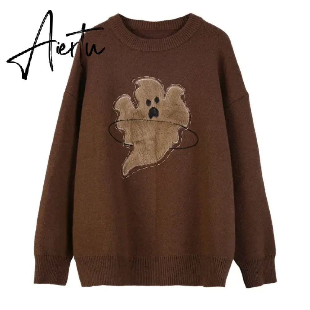 Women Apricot Sweater Round Neck Embroidery Fashion Vintage Leisure Lazy Wind Loose Winter Female Thicken Warm Knitting Pullover Aiertu