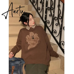 Women Apricot Sweater Round Neck Embroidery Fashion Vintage Leisure Lazy Wind Loose Winter Female Thicken Warm Knitting Pullover Aiertu