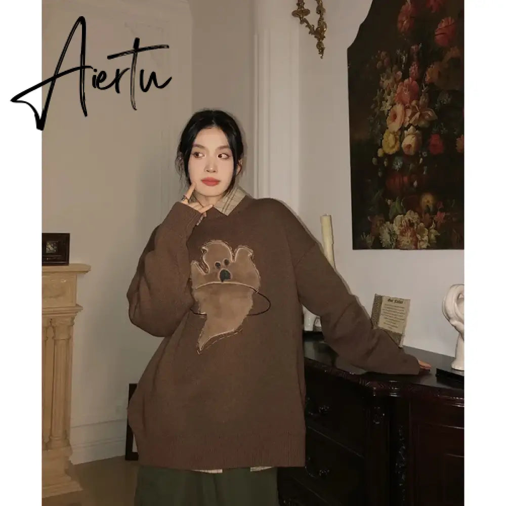 Women Apricot Sweater Round Neck Embroidery Fashion Vintage Leisure Lazy Wind Loose Winter Female Thicken Warm Knitting Pullover Aiertu