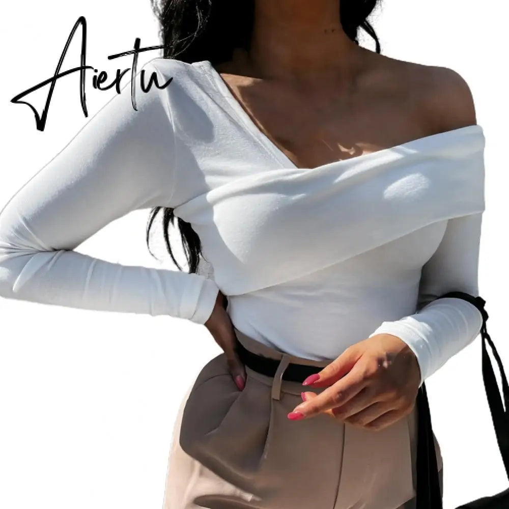 Women Autumn Winter T shirt Off Shoulder Oblique Neck Strapless Backless Long Sleeve Solid Color Ladies Slim Shirt femme Aiertu