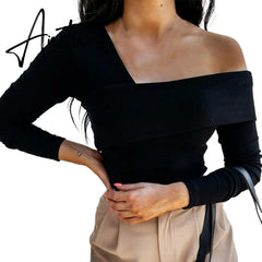 Women Autumn Winter T shirt Off Shoulder Oblique Neck Strapless Backless Long Sleeve Solid Color Ladies Slim Shirt femme Aiertu