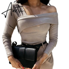Women Autumn Winter T shirt Off Shoulder Oblique Neck Strapless Backless Long Sleeve Solid Color Ladies Slim Shirt femme Aiertu