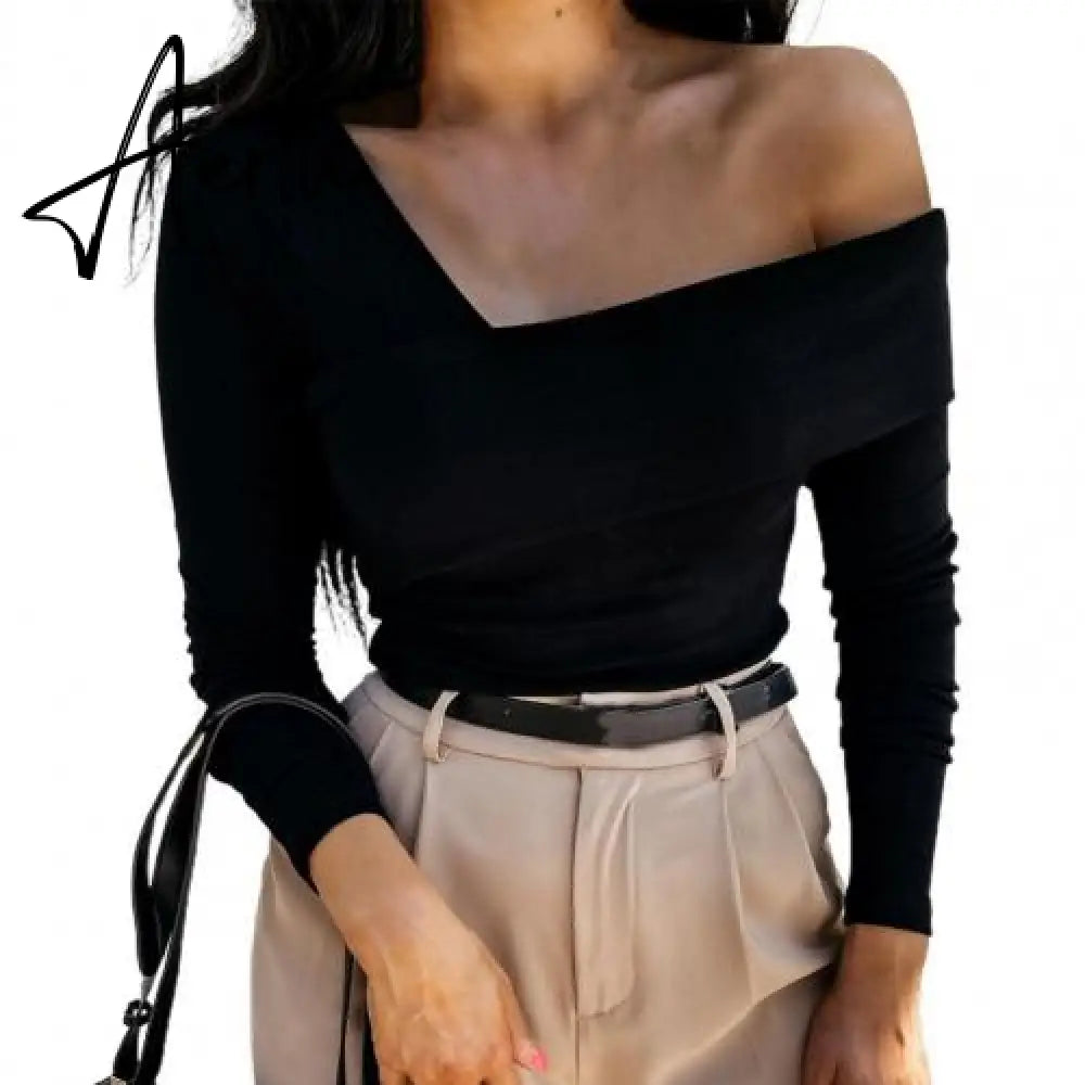 Women Autumn Winter T shirt Off Shoulder Oblique Neck Strapless Backless Long Sleeve Solid Color Ladies Slim Shirt femme Aiertu