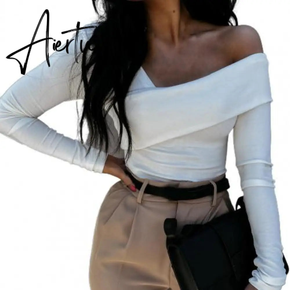 Women Autumn Winter T shirt Off Shoulder Oblique Neck Strapless Backless Long Sleeve Solid Color Ladies Slim Shirt femme Aiertu