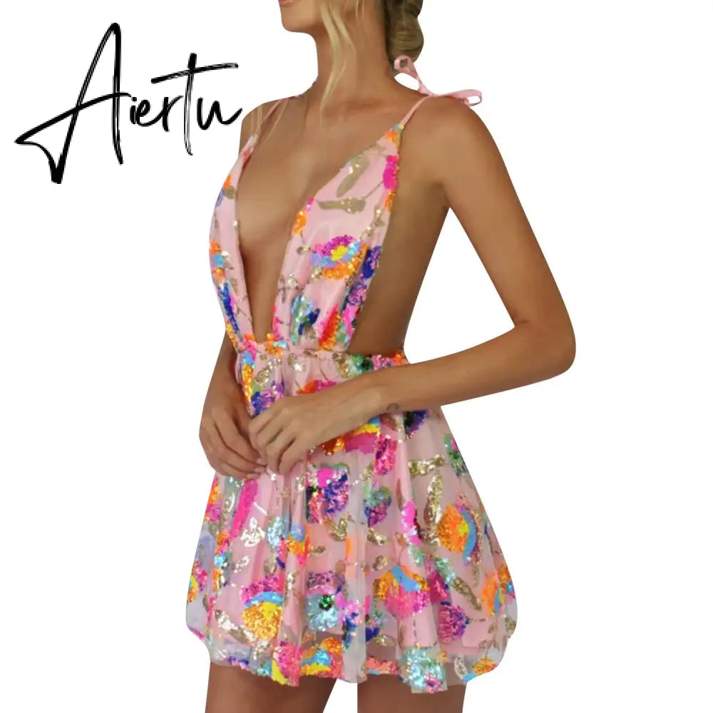 Women Backless Dress Sleeveless Deep V Neck High-Waist Sequined Casual Street Midi Pink / White Aiertu
