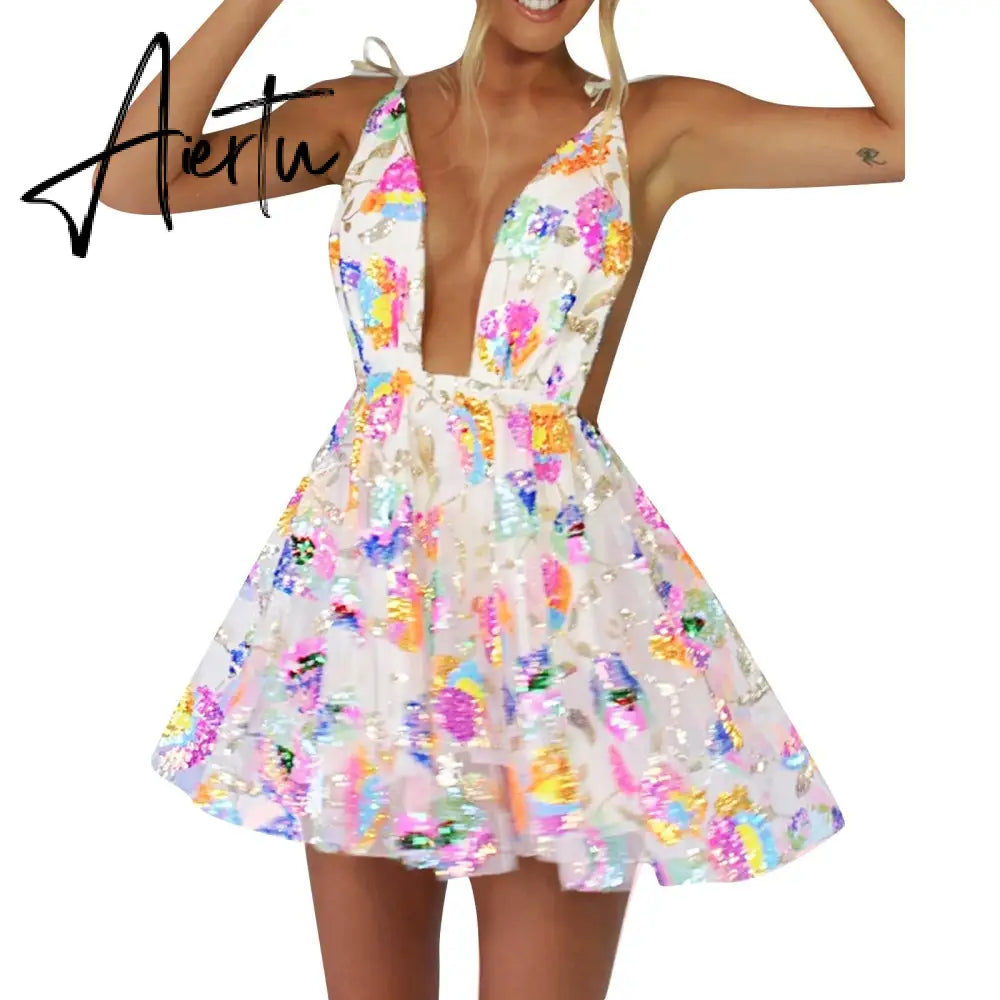 Women Backless Dress Sleeveless Deep V Neck High-Waist Sequined Casual Street Midi Pink / White Aiertu