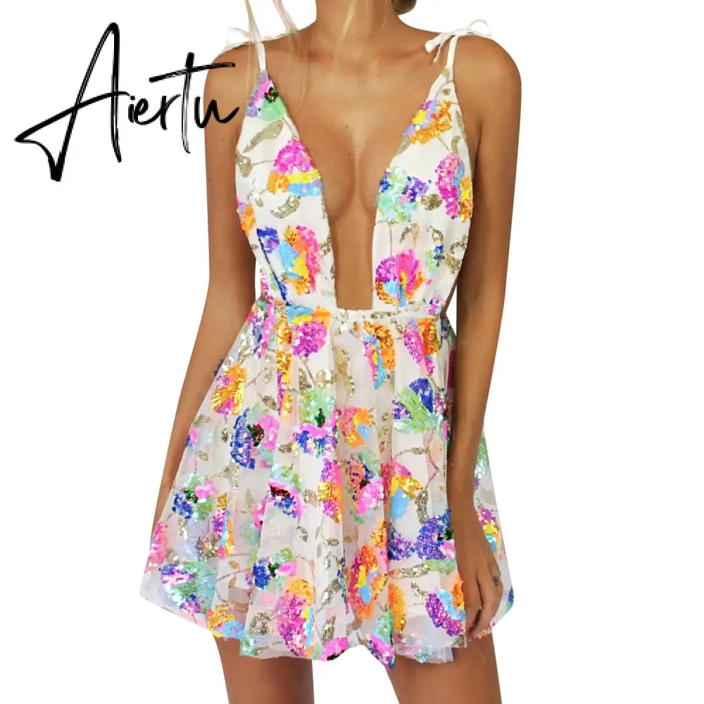 Women Backless Dress Sleeveless Deep V Neck High-Waist Sequined Casual Street Midi Pink / White Aiertu