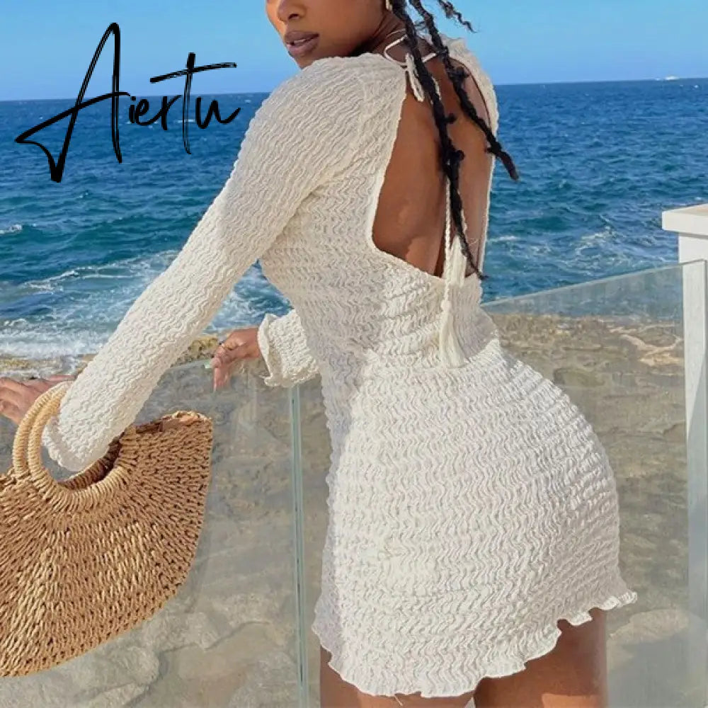 Women Backless Summer Short Mini Dress Solid Ribbed Long Sleeve Round Neck Hollow Out Slim Fit Party Beach Dress Aiertu