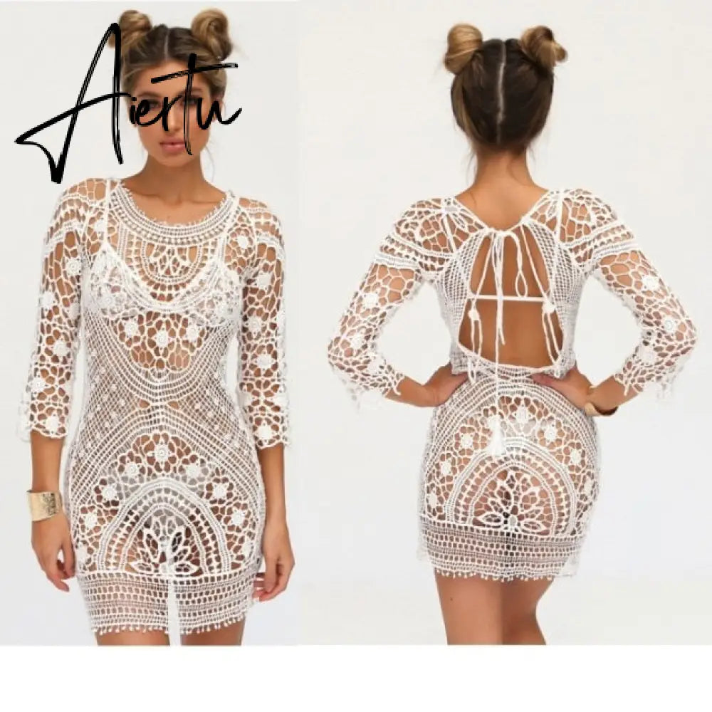 Women Bathing Suit Cover Up Crochet Lace Bikini Swimsuit Dress Sexy New Summer Hollow Out Beach Long Maxi Split Ladies Loose Aiertu