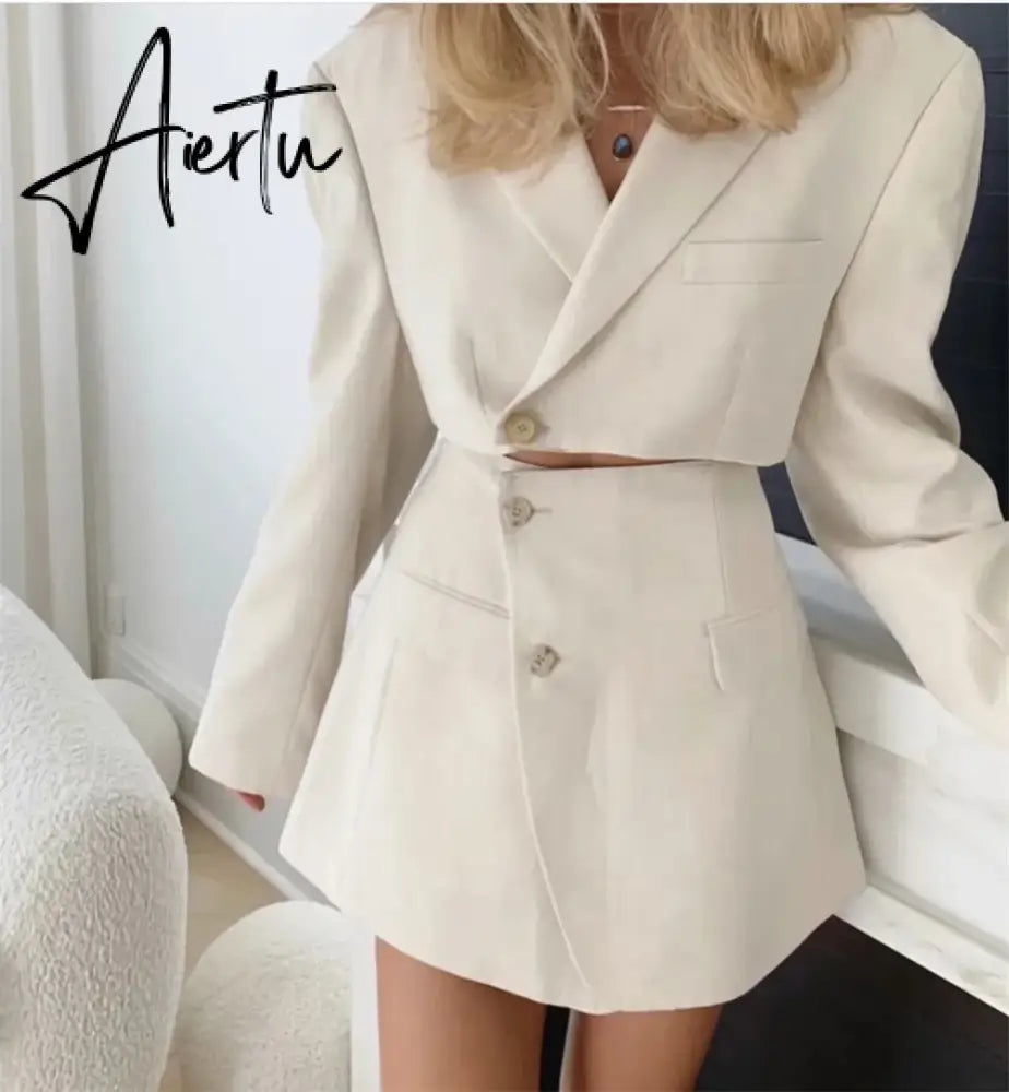 Women Blazer Clothing Two Piece Set Women Suits With Skirt Female Suit Tweed Long Sleeves Short Skirt Suits Blazer Aiertu