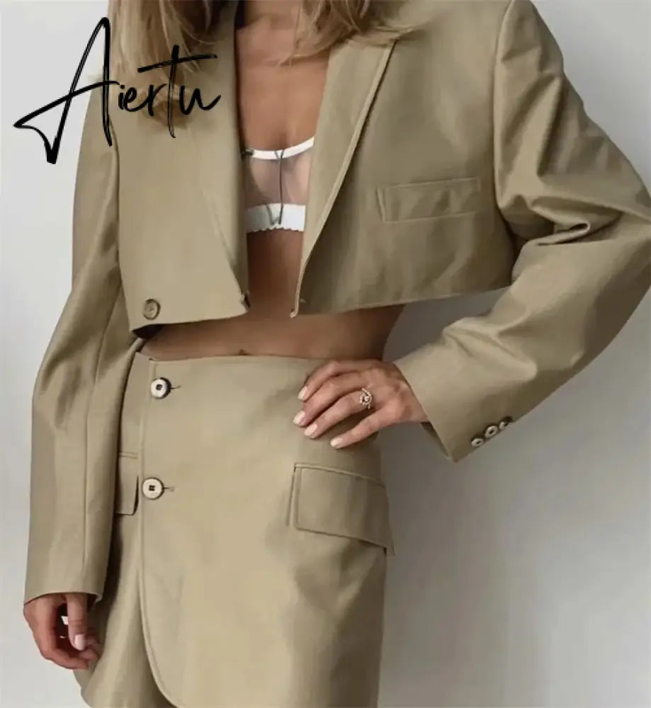 Women Blazer Clothing Two Piece Set Women Suits With Skirt Female Suit Tweed Long Sleeves Short Skirt Suits Blazer Aiertu