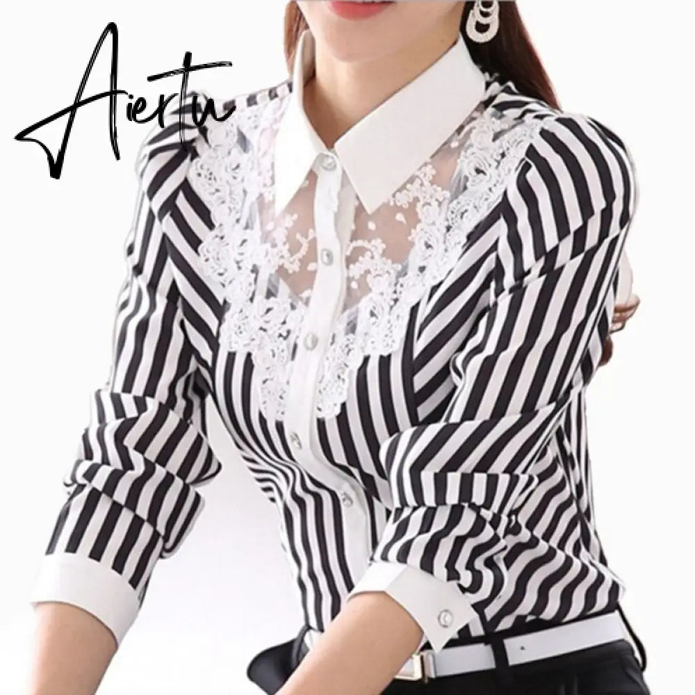 Women Blouse Long Sleeve Lace Tops Striped Turn-Down Collar Blouses Official Female Formal Shirt Spring Autumn Aiertu