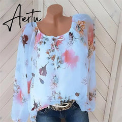 Women Blouse Shirt Plus Size Long Sleeve Top Casual Women clothing Loose Blouse Shirts Floral Lace Up Shirts Blousa Women Aiertu