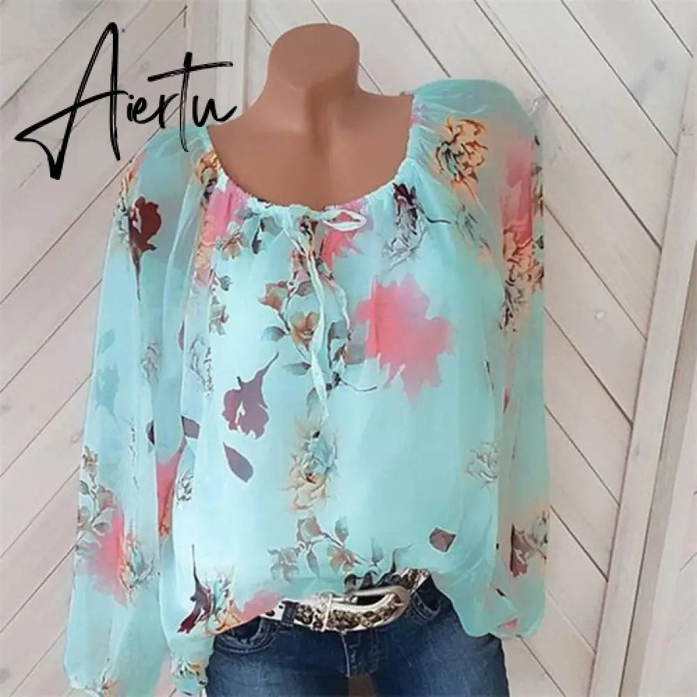 Women Blouse Shirt Plus Size Long Sleeve Top Casual Women clothing Loose Blouse Shirts Floral Lace Up Shirts Blousa Women Aiertu