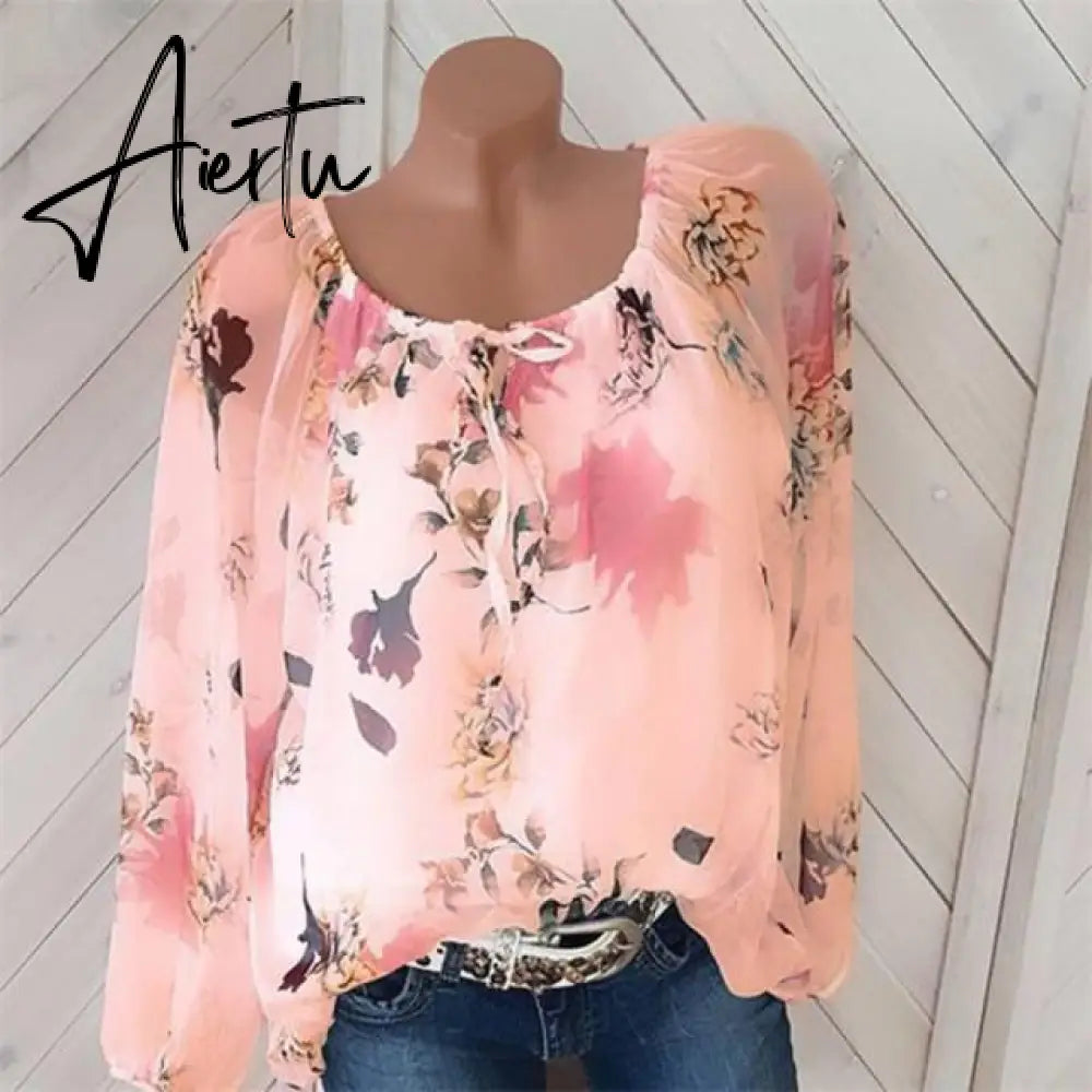 Women Blouse Shirt Plus Size Long Sleeve Top Casual Women clothing Loose Blouse Shirts Floral Lace Up Shirts Blousa Women Aiertu